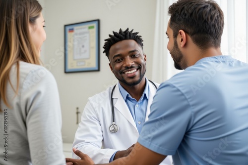 Happy Doctor Consulting with Male Patient and Female Patient in Medical Office Setting, Promoting Healthcare Trust and Communication