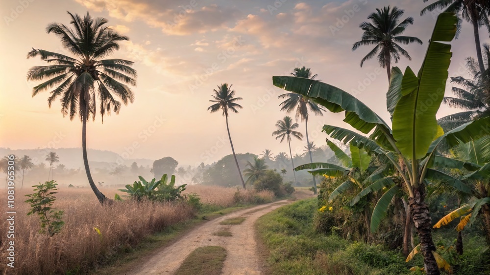 Tropical Landscape Wallpaper Design in Pastel Tones Featuring Long Exposure Effects of Palm and Banana Trees in a Serene Oil Painting Style Celebrating Love and Body Positivity