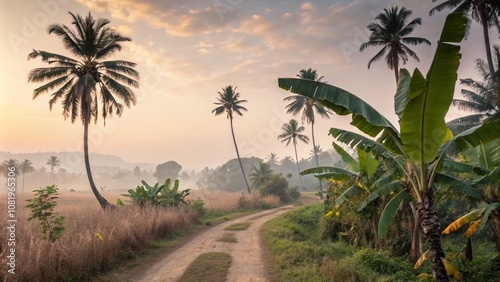 Tropical Landscape Wallpaper Design in Pastel Tones Featuring Long Exposure Effects of Palm and Banana Trees in a Serene Oil Painting Style Celebrating Love and Body Positivity