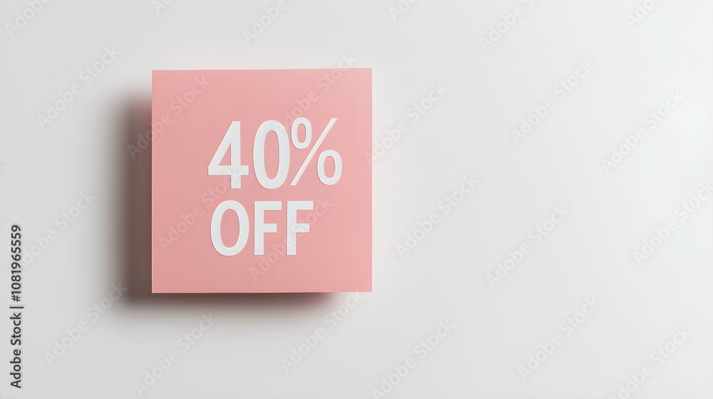 White '40% OFF' Text on a Blush Square Paper Note. White Background with Copy Space