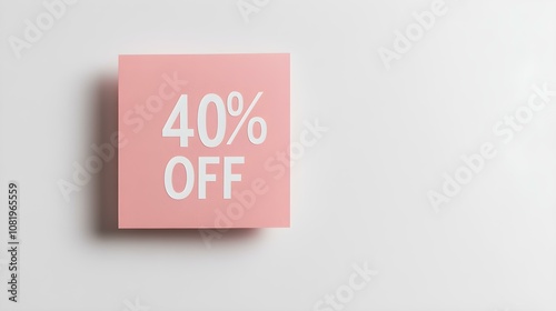 White '40% OFF' Text on a Blush Square Paper Note. White Background with Copy Space