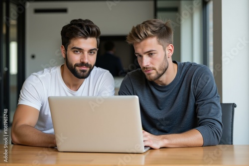 Two Young Men Collaborating on Laptop in Modern Office Setting, Ideal for Teamwork and Technology Concepts