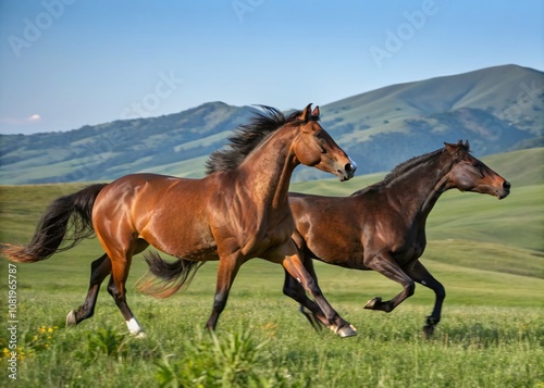 Two Majestic Horses Playfully Galloping in a Lush Green Pasture Under a Bright Blue Sky, Capturing the Joy and Freedom of Nature in Fashion Photography Style
