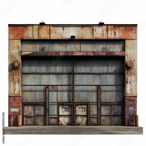 Rusty industrial building with large metal doors. photo