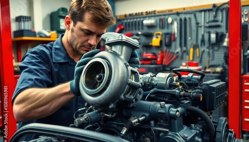 Mechanic Inspecting Turbocharger: Focused automotive technician meticulously examines a turbocharger installation, showcasing expertise and precision in a well-equipped workshop.