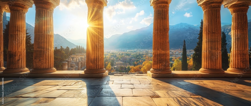 Fototapeta premium Ancient Greek Temple with Sunlight Through Pillars and Mountains in the Background