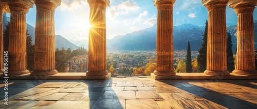 Ancient Greek Temple with Sunlight Through Pillars and Mountains in the Background