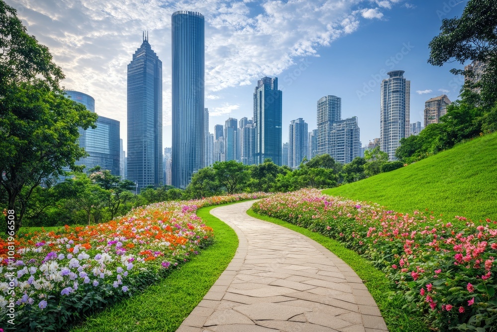 Winding Path Through Lush Green Grass and Vibrant Flowers in Shenzhen Park with Skyscrapers in the Background Winding Path Through Lush Green Grass and Vibrant Flowers in Shenzhen Park with Skyscrapers in the Background