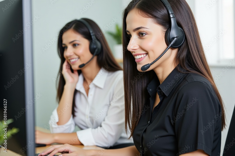 Professional Customer Support Team Using Headsets in Modern Office Setting, Ideal for Business and Marketing Materials Professional Customer Support Team Using Headsets in Modern Office Setting, Ideal for Business and Marketing Materials