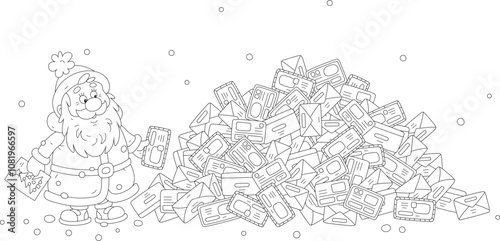 Santa Claus and a big pile of envelopes with letters and postcards from little children before Christmas and New Year, black and white outline vector cartoon illustration for a coloring book
