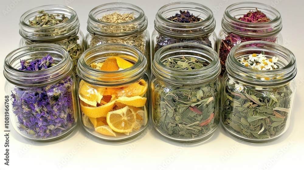 Seven Glass Jars Filled with Dried Herbs and Flowers Seven Glass Jars Filled with Dried Herbs and Flowers