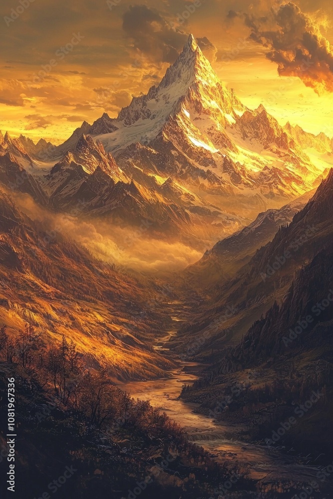 Fototapeta premium breathtaking, high-detail image of a mountain range with a warm sunrise casting golden hues across the landscape, ideal for nature and travel themes.
