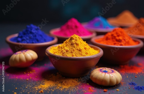 Colorful holi powder in bowl on dark background photo