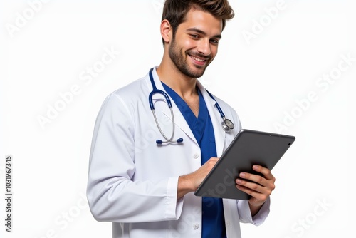 Happy Doctor Holding Tablet: Professional Medical Image for Healthcare Advertising and Promoting Medical Services