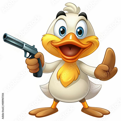 A cartoon-style western duck character holding a gun, dressed in cowboy