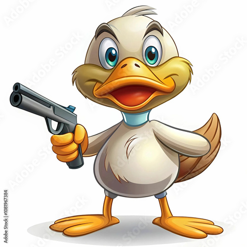 A cartoon-style western duck character holding a gun, dressed in cowboy