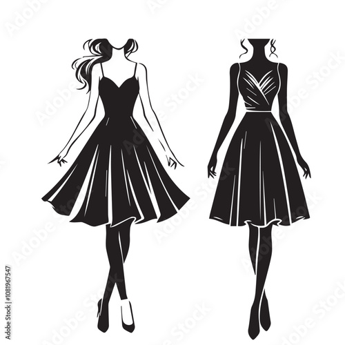 Women dress silhouette. Fashion dress vector design. Wedding dress vector design black and white.