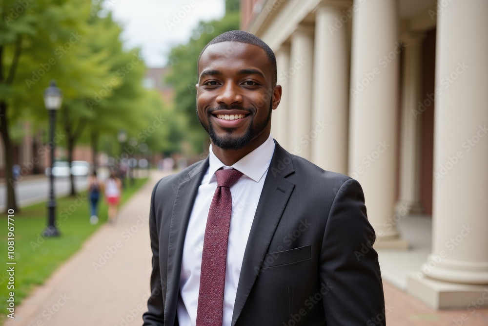 Professional Man in Business Attire Smiling Confidently on University Campus Pathway Professional Man in Business Attire Smiling Confidently on University Campus Pathway