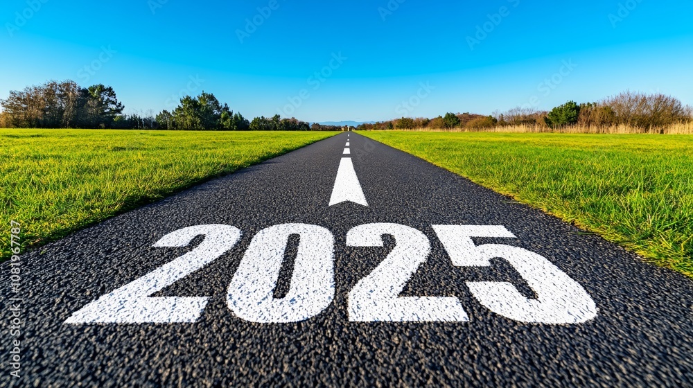 Obraz premium Road with a white line and the number 2025 written on it. The road is empty and the sky is blue