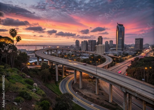 Urban Exploration Photography of San Diego Freeway Capturing Unique Perspectives, Overpasses, and Cityscapes with Vibrant Sunsets and Night Lights for Urban Enthusiasts