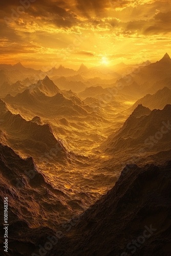  breathtaking, high-detail image of a mountain range with a warm sunrise casting golden hues across the landscape, ideal for nature and travel themes. 