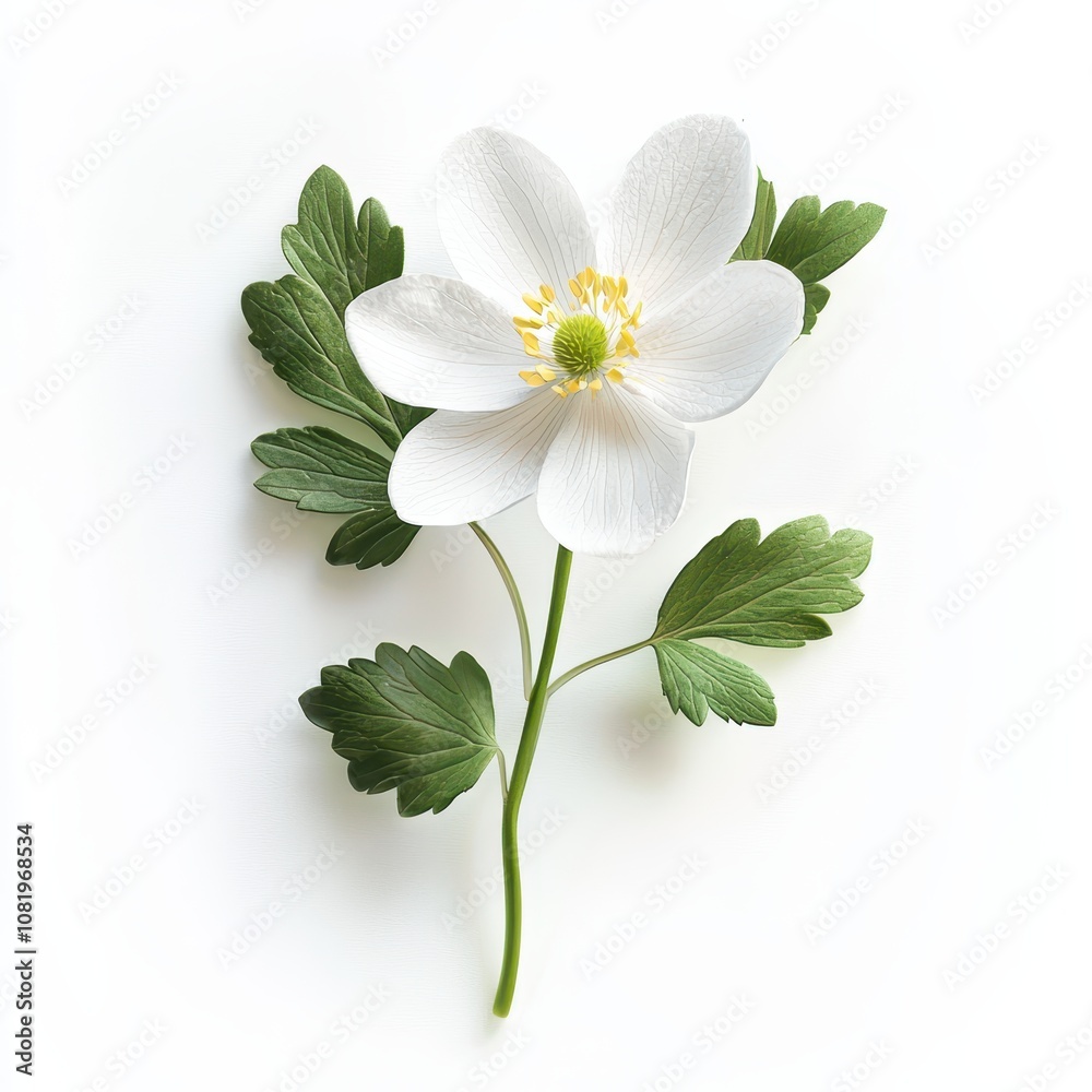 Obraz premium Delicate White Flower with Green Leaves on White Background