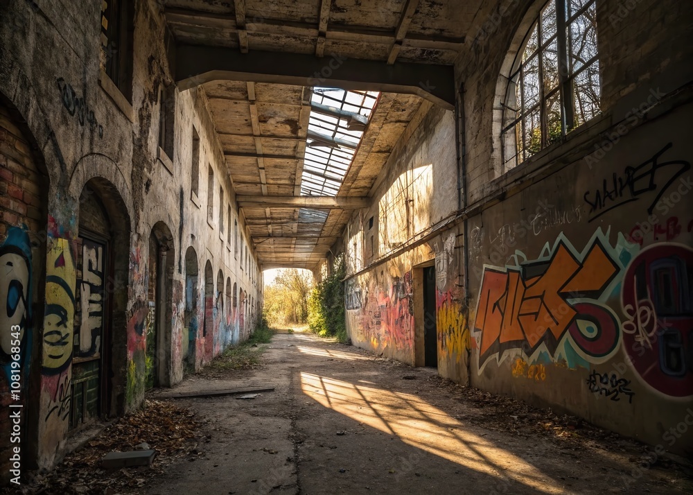 Fototapeta premium Urban Exploration Photography Showcasing Unique Text Effects in Abandoned Structures and Graffiti Walls for a Dynamic Visual Experience in Urban Settings