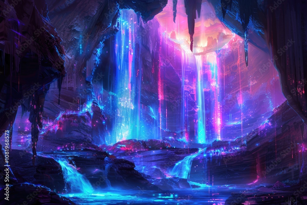 A Surreal Cave with Ethereal Waterfalls and Glowing Lights A Surreal Cave with Ethereal Waterfalls and Glowing Lights