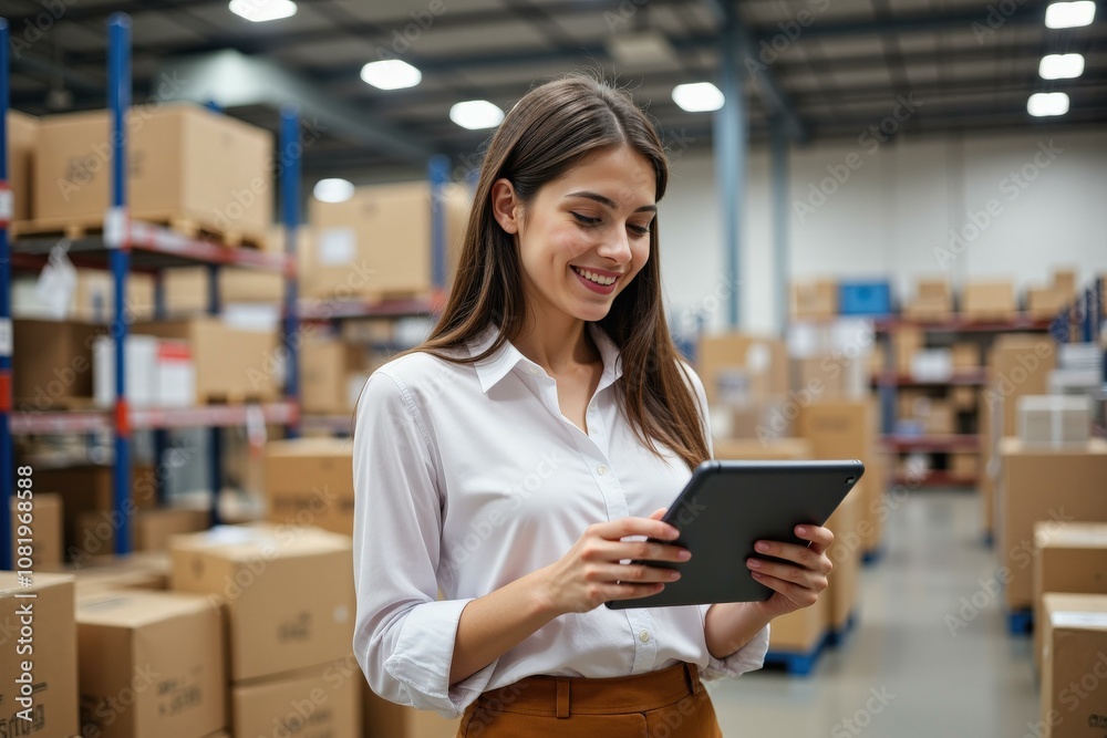 Young Woman in Warehouse Using Tablet for Inventory Management, Ideal for Business and Technology Concepts Young Woman in Warehouse Using Tablet for Inventory Management, Ideal for Business and Technology Concepts