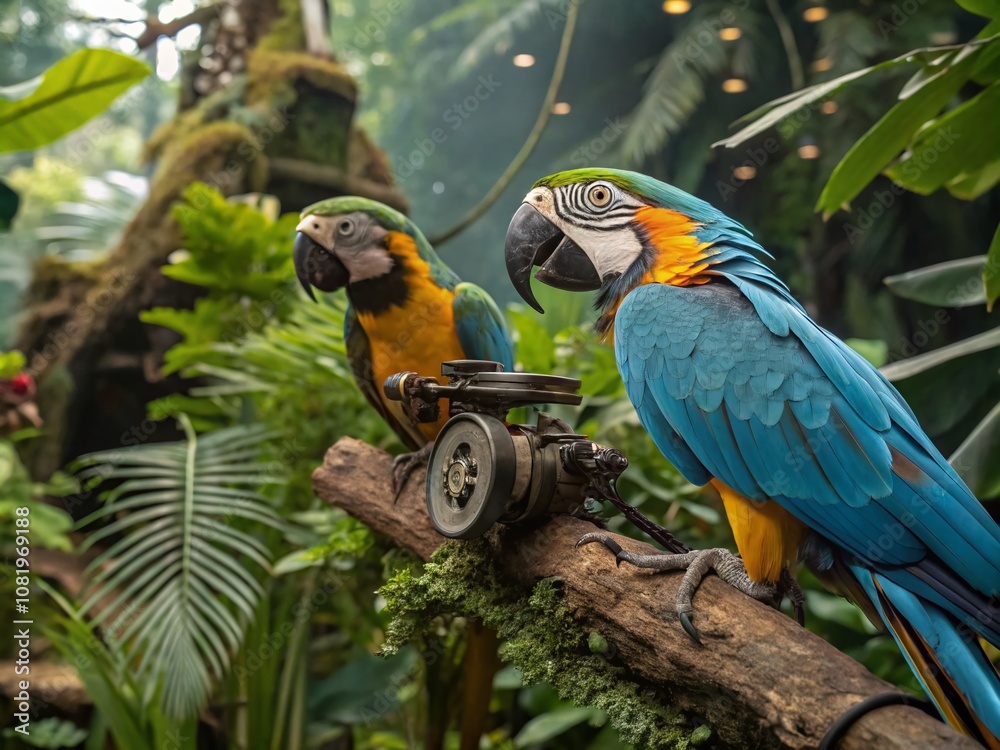 Vibrant Amazon Jungle Merging Nature and Technology with Mechanical Parrots Amidst Lush Flora and Fauna in a High Depth of Field Perspective Vibrant Amazon Jungle Merging Nature and Technology with Mechanical Parrots Amidst Lush Flora and Fauna in a High Depth of Field Perspective