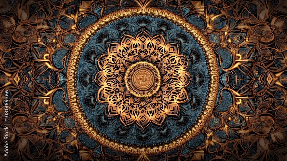 Intricate Golden Mandala Pattern on Blue. Arabian, Islamic Style Background for Design Intricate Golden Mandala Pattern on Blue. Arabian, Islamic Style Background for Design