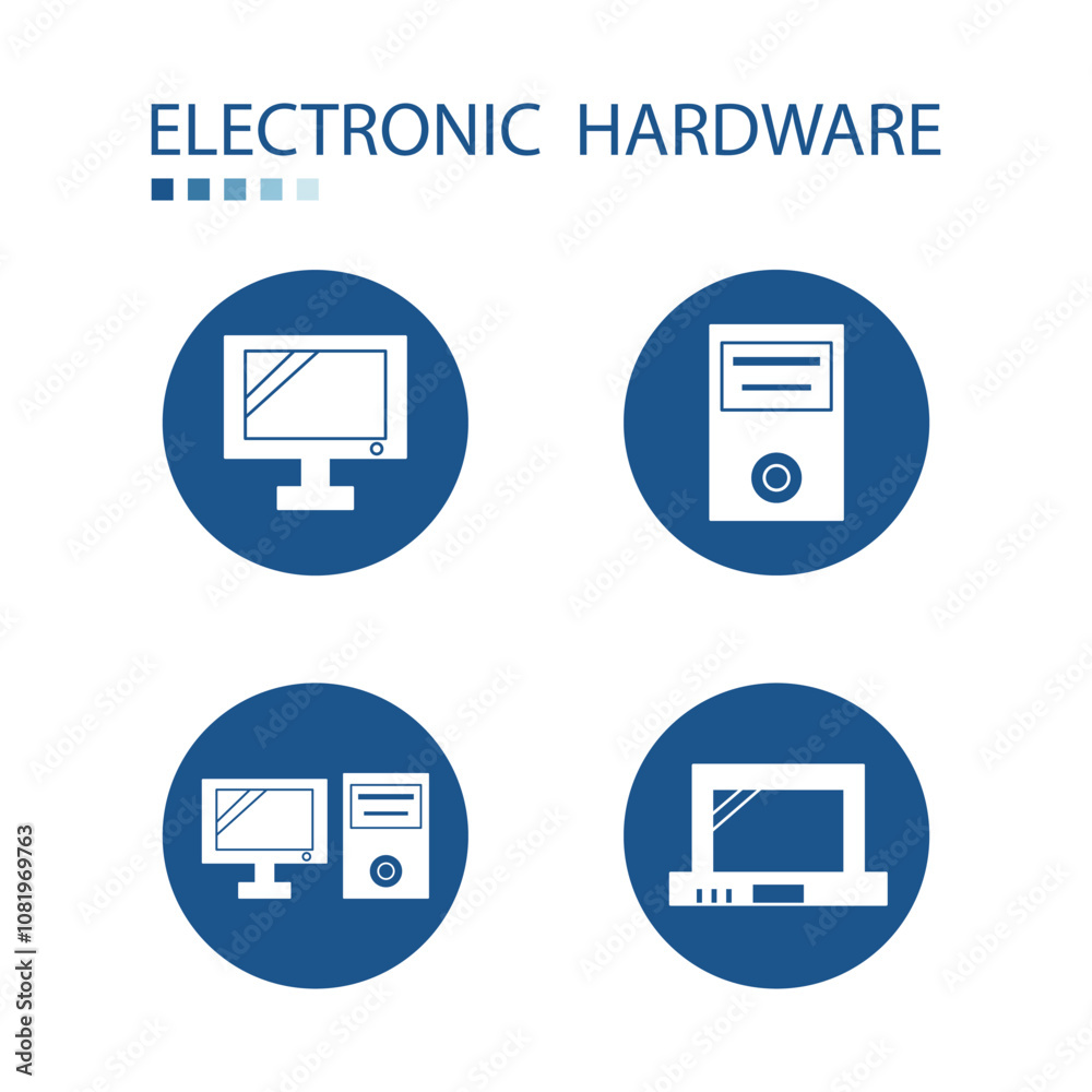 Symbol of electronics hardware icons such as Computer monitor, monitor icon, electronic hardware icons. Icons on blue circle shape. Electronics supplement illustration. Symbol of electronics hardware icons such as Computer monitor, monitor icon, electronic hardware icons. Icons on blue circle shape. Electronics supplement illustration.