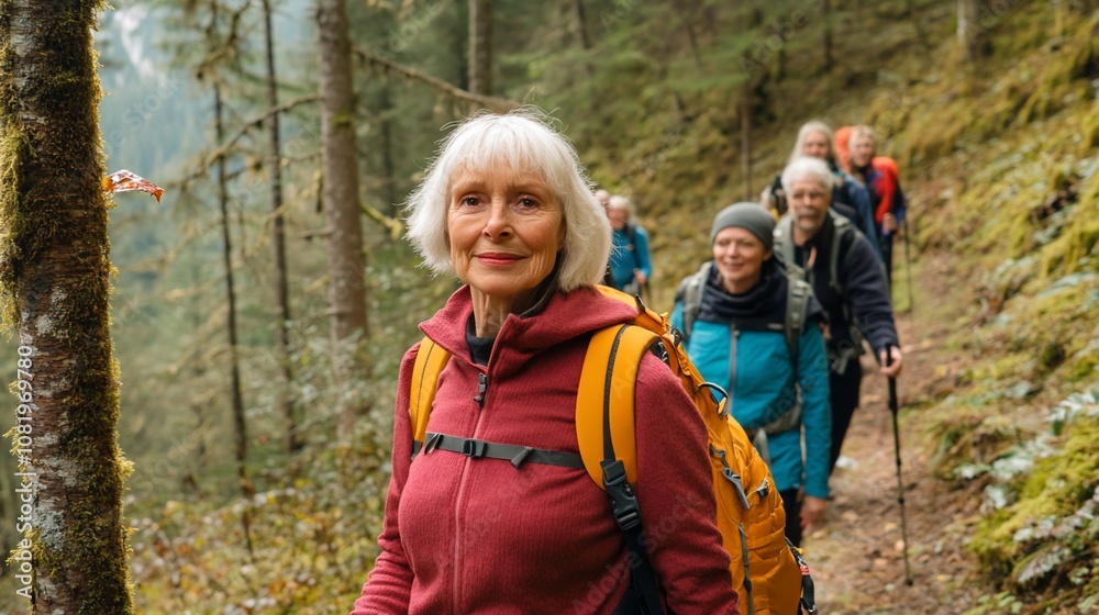 Senior woman leading a group of hikers on a trail through a lush forest. Senior woman leading a group of hikers on a trail through a lush forest.