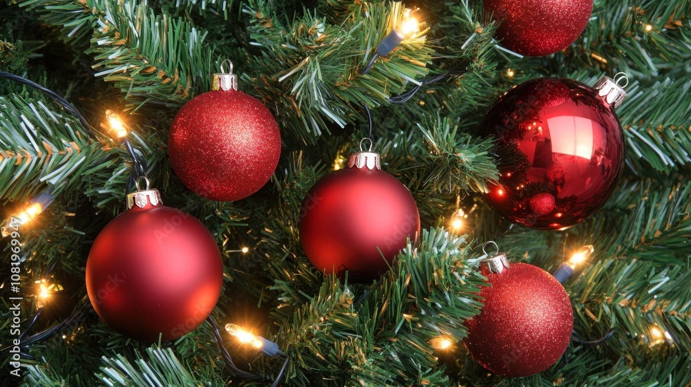 Beautiful Close-Up of Shimmering Red Christmas Ornaments Hanging on a Lush Green Tree with Warm White Lights Creating a Festive Holiday Atmosphere Beautiful Close-Up of Shimmering Red Christmas Ornaments Hanging on a Lush Green Tree with Warm White Lights Creating a Festive Holiday Atmosphere