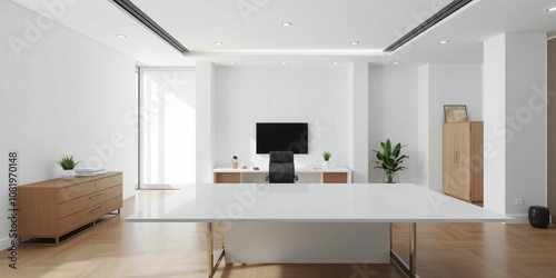 Modern office workspace featuring an organized office desk with essential equipment and tools. The clean and professional office environment promotes productivity and focus.
