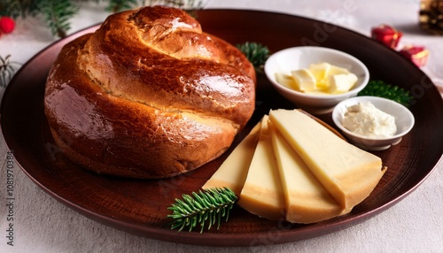 Finnish Christmas bread (joululimppu) with a spiced aroma, served with butter and cheese photo