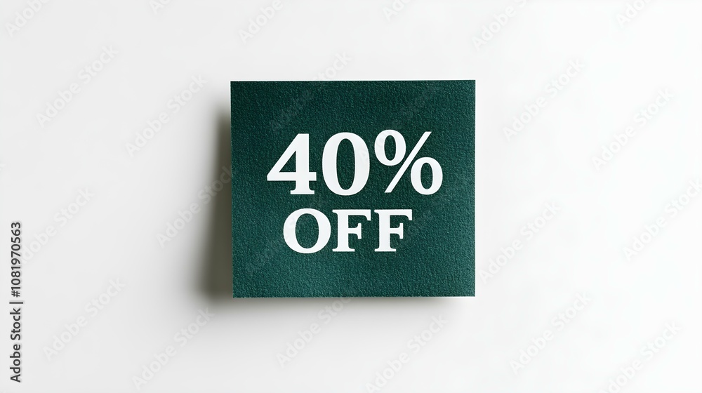 White '40% OFF' Text on a Dark Green Square Paper Note. White Background with Copy Space White '40% OFF' Text on a Dark Green Square Paper Note. White Background with Copy Space
