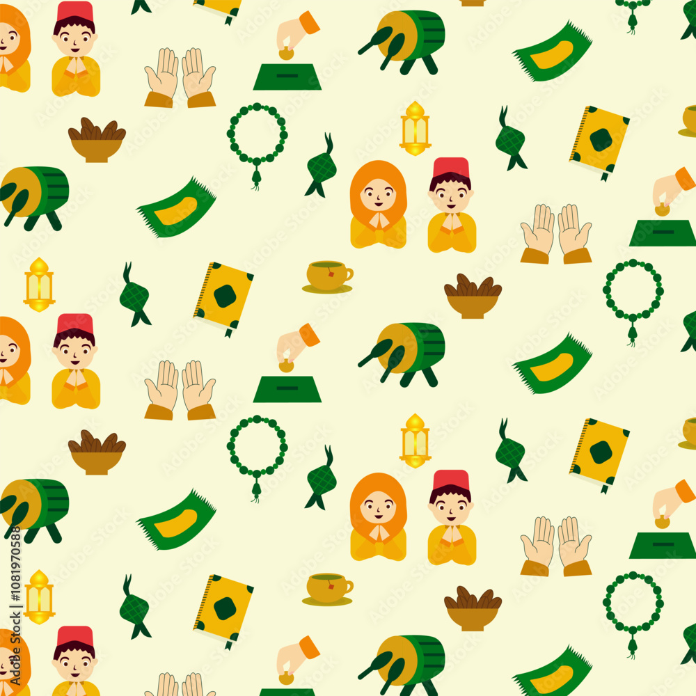 Fototapeta premium Happy ramadan kawaii illustration seamless pattern