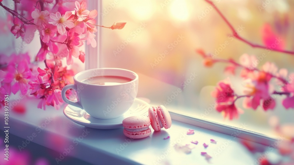 Delicate Spring Morning with Coffee and Macarons Surrounded by Blooming Cherry Blossoms on a Sunny Window Sill Delicate Spring Morning with Coffee and Macarons Surrounded by Blooming Cherry Blossoms on a Sunny Window Sill