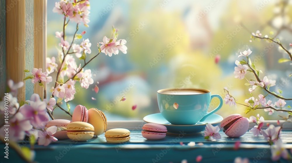 Serene Morning Scene with Cup of Coffee, Macarons, and Cherry Blossoms Framing a Bright Window Overlooking a Beautiful Nature Setting Serene Morning Scene with Cup of Coffee, Macarons, and Cherry Blossoms Framing a Bright Window Overlooking a Beautiful Nature Setting