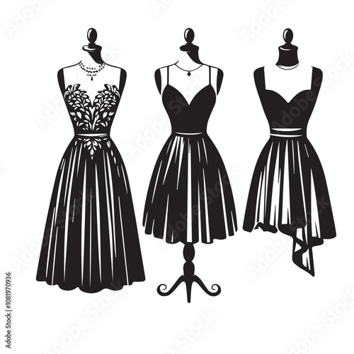 Women dress silhouette. Fashion dress vector design. Wedding dress vector design black and white.