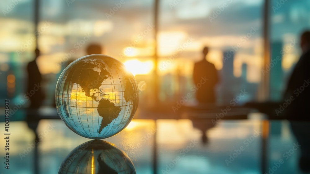 Business professionals observing the golden sunset while a globe rests on a reflective surface, symbolizing global connections and opportunities in a corporate environment.
