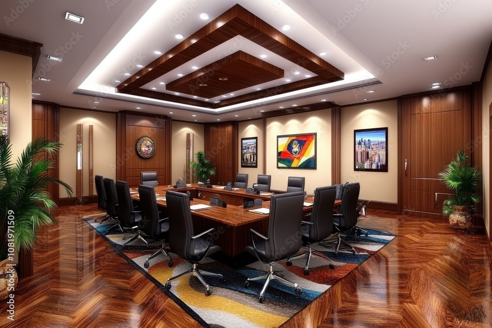 Fototapeta premium Modern Conference Room with Luxurious Wood Finish, Stylish Seating, Elegant Lighting, and Distinctive Artwork in a Corporate Office Environment