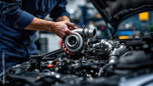 Precision Auto Repair: Close-up shot of a mechanic meticulously inspecting a turbocharger installation, showcasing expertise and attention to detail in an auto repair shop.