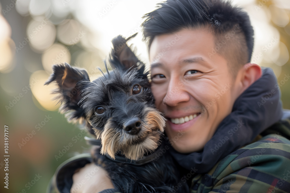 30 years old asian man with hugging spotted happy scottish terrier. pet care daytime concept 30 years old asian man with hugging spotted happy scottish terrier. pet care daytime concept