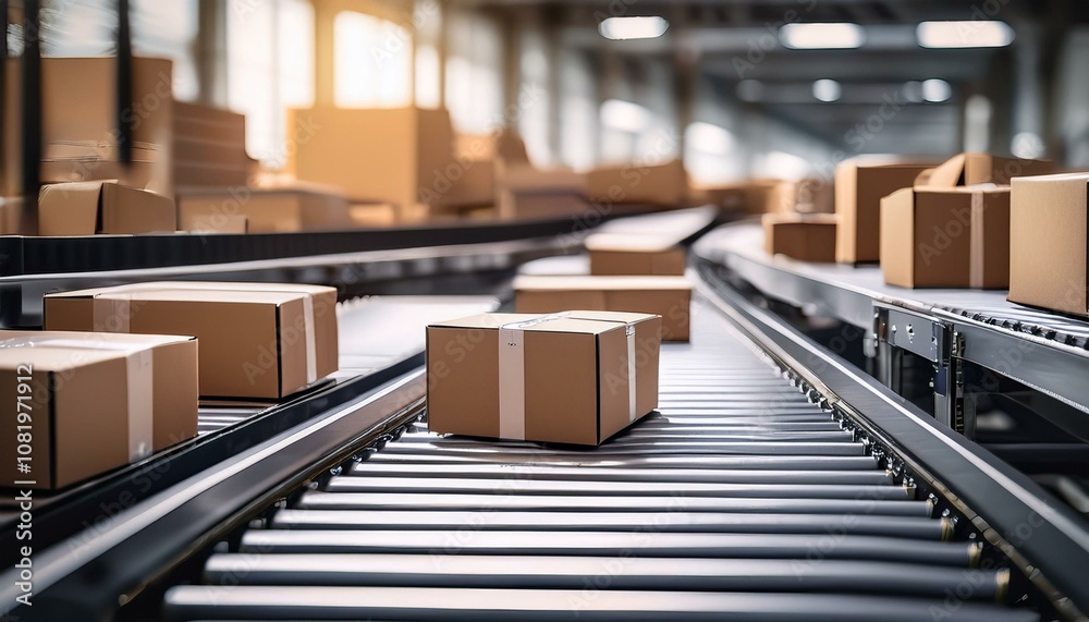 Closeup of multiple cardboard box packages seamlessly moving along a conveyor belt in a ware - black friday in the warehouse Closeup of multiple cardboard box packages seamlessly moving along a conveyor belt in a ware - black friday in the warehouse