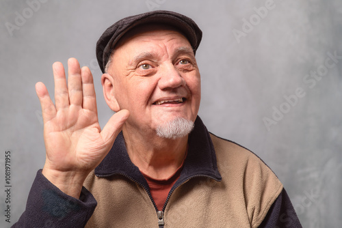 portrait homme sénior avec béret main en avant fond gris