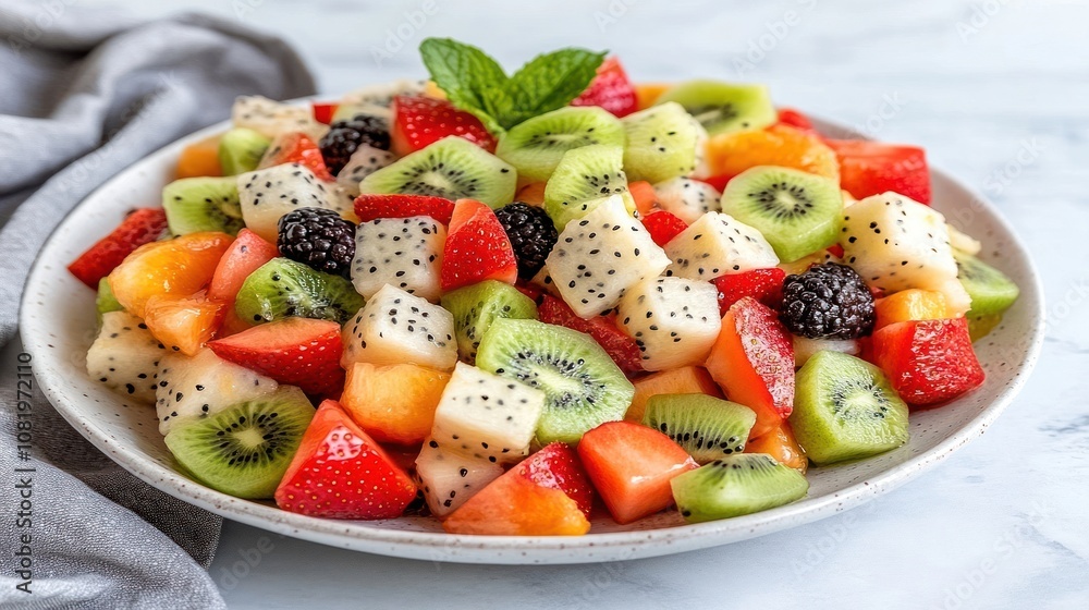 A Bowl of Fresh Fruit Salad with Kiwi, Dragon Fruit, Strawberries, and Blackberries A Bowl of Fresh Fruit Salad with Kiwi, Dragon Fruit, Strawberries, and Blackberries