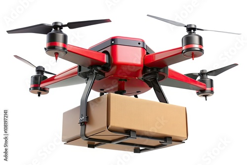 Aerial Drone Delivery System: Red and Black Drone Carrying Package Against White Background for Modern Logistics and Technology Solutions