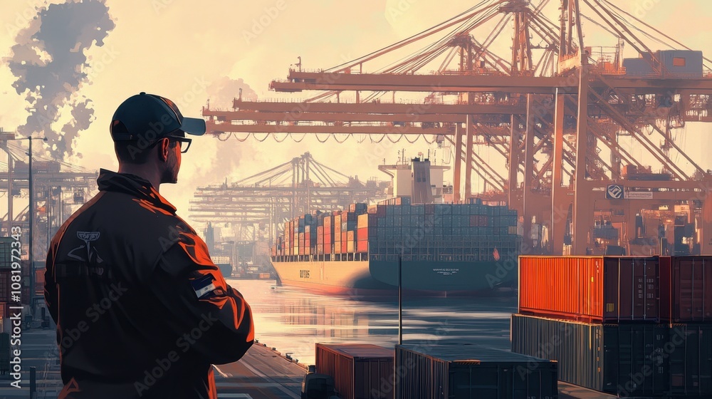 Industry Professional Overseeing Container Ship Operations at Port with Cranes and Shipping Containers during Early Morning Light Industry Professional Overseeing Container Ship Operations at Port with Cranes and Shipping Containers during Early Morning Light